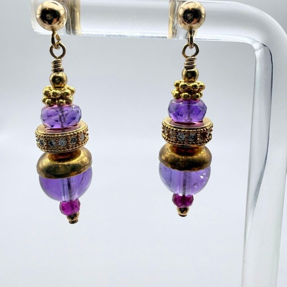 Signed 1/20 14K GF YY Amethyst Ruby Crystal Gold Dangle Drop Pierced Earrings